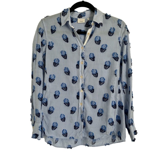 Caliban 820 Made in Italy Women's Button Up Floral Pinstripe Lyocell/Cotton US 2 - Picture 1 of 7